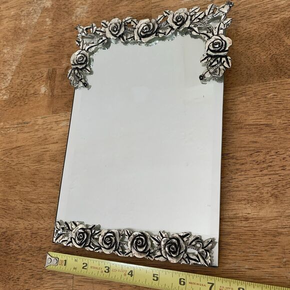 ORNATE VINTAGE VICTORIAN HAND PAINTED ROSES EASEL SILVER‎ PLATE VANITY MIRROR - Picture 4 of 8